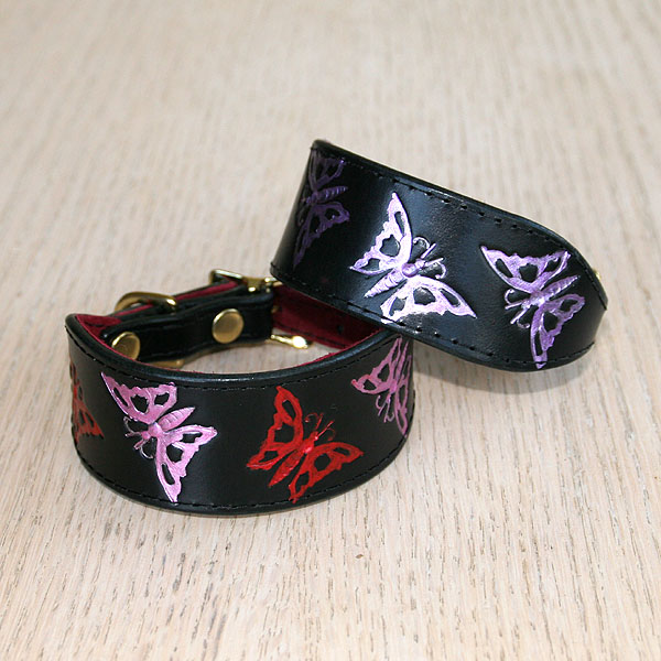 Painted Filigree Butterflies Leather Buckle Collar (small)