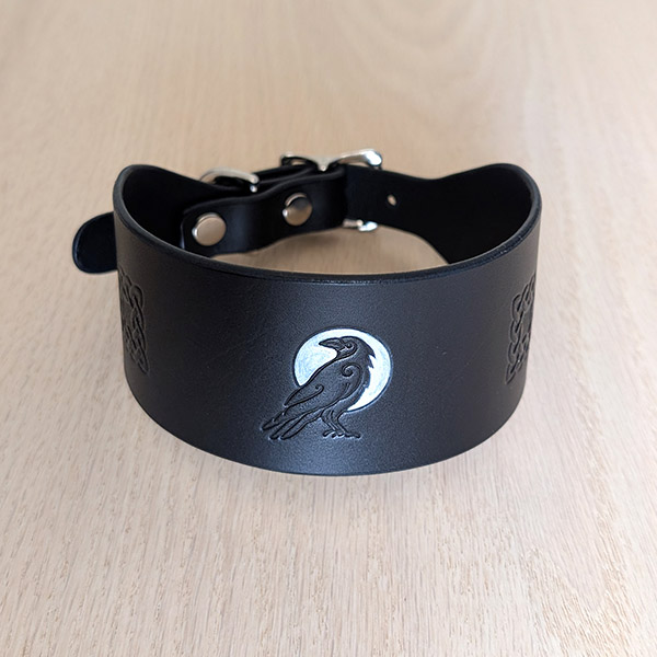 Celtic Raven Moon Black Leather Sighthound Collar